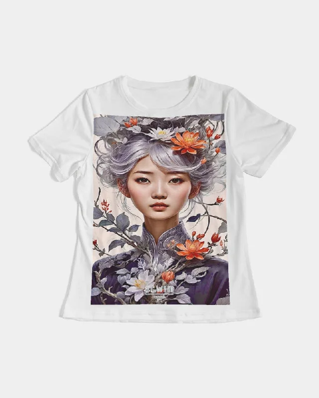 Beautiful Asian woman grey hair blossom Women's All-Over Print Tee