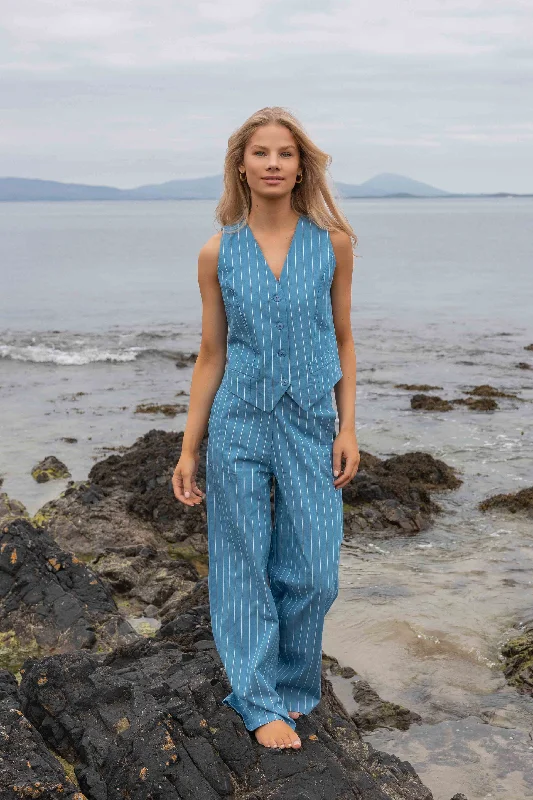 Blue Pinstripe Wide Leg Trousers