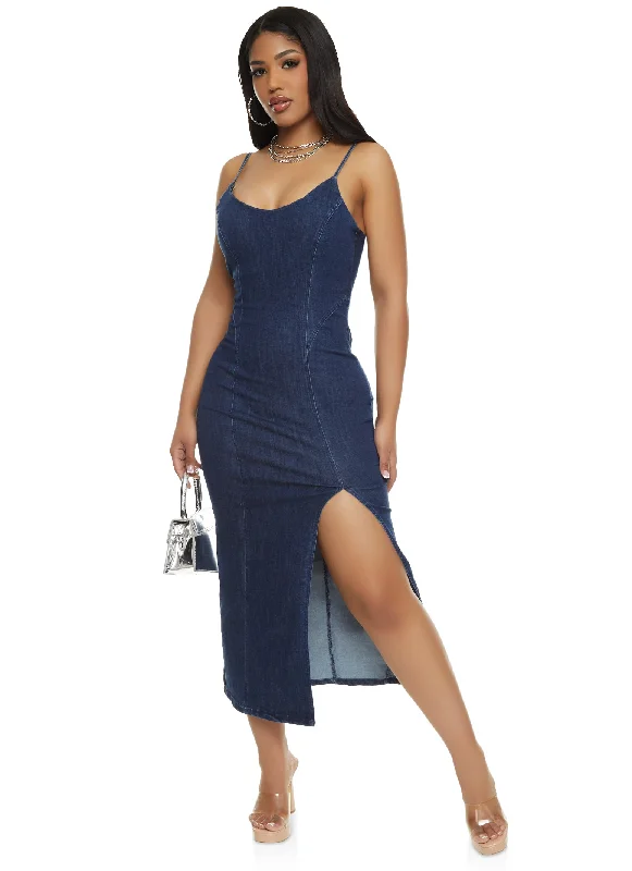 Haute Monde Denim Side Slit Cami Midi Dress