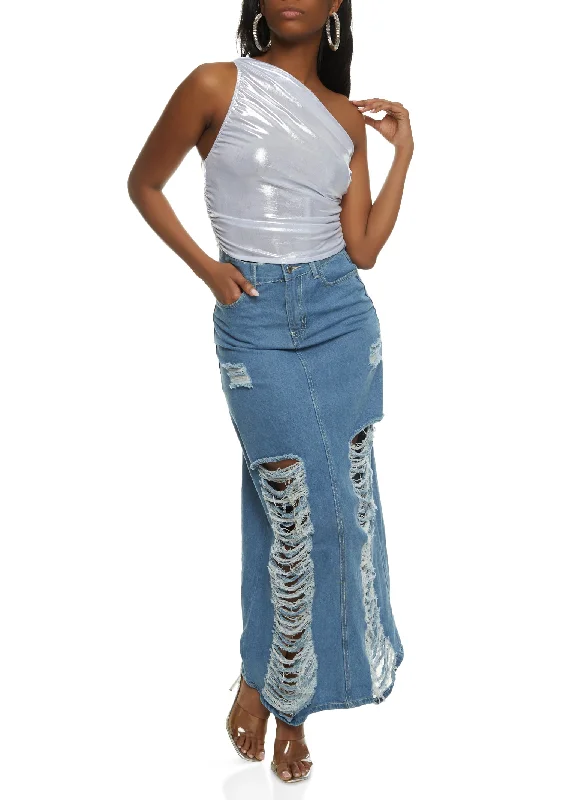 Slashed Distressed Denim Maxi Skirt