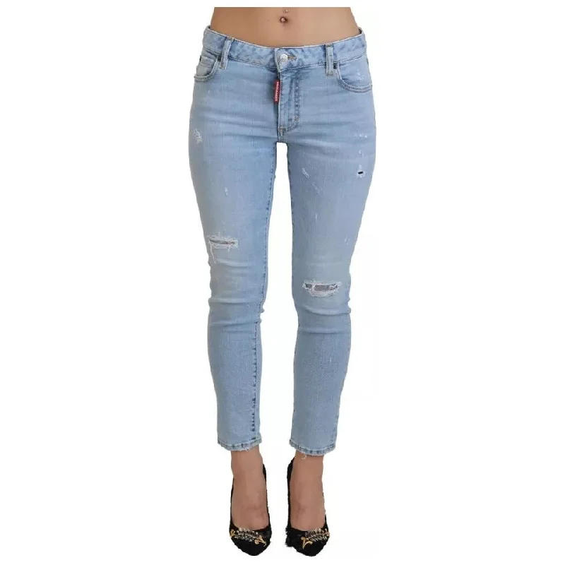 Dsquared² Blue Tattered Mid Waist Cropped Twiggy Denim Jeans