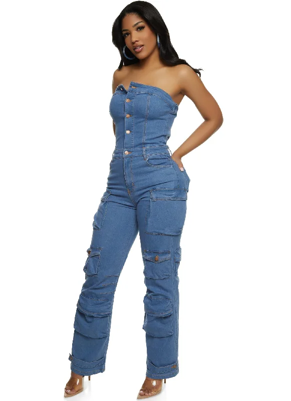 Daisy Denim Strapless Cargo Jumpsuit