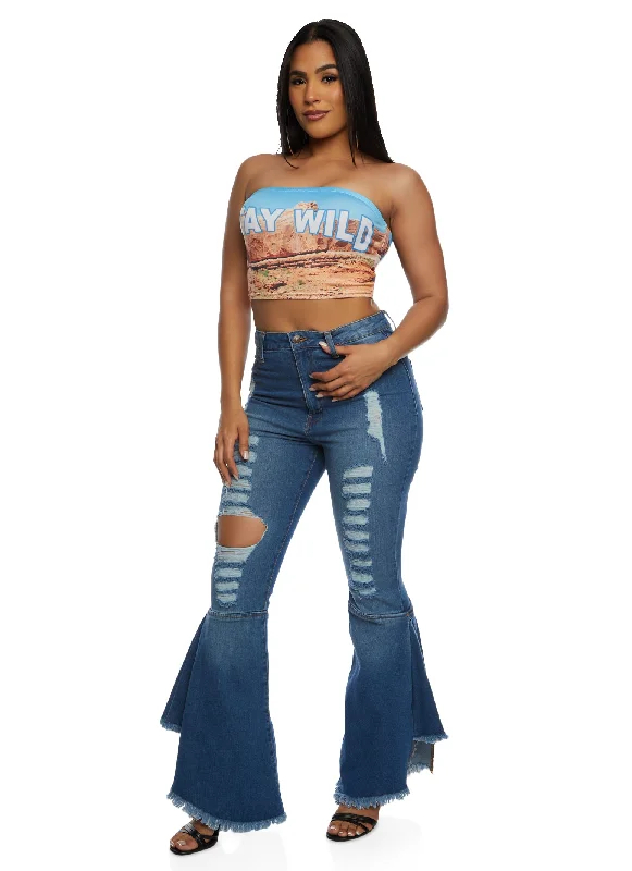 Highway Frayed Trim Distressed Bell Bottom Jeans