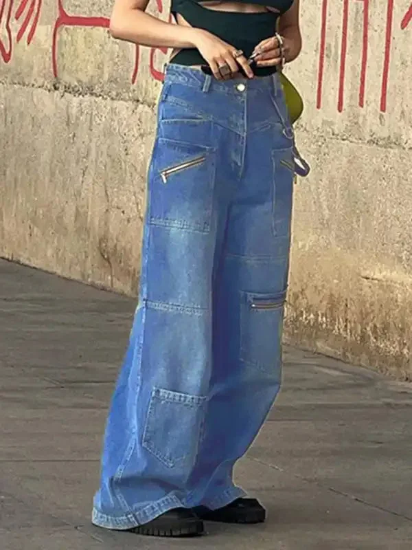 Multi-pocketed, zipped, distressed jeans with a straight leg and wide leg