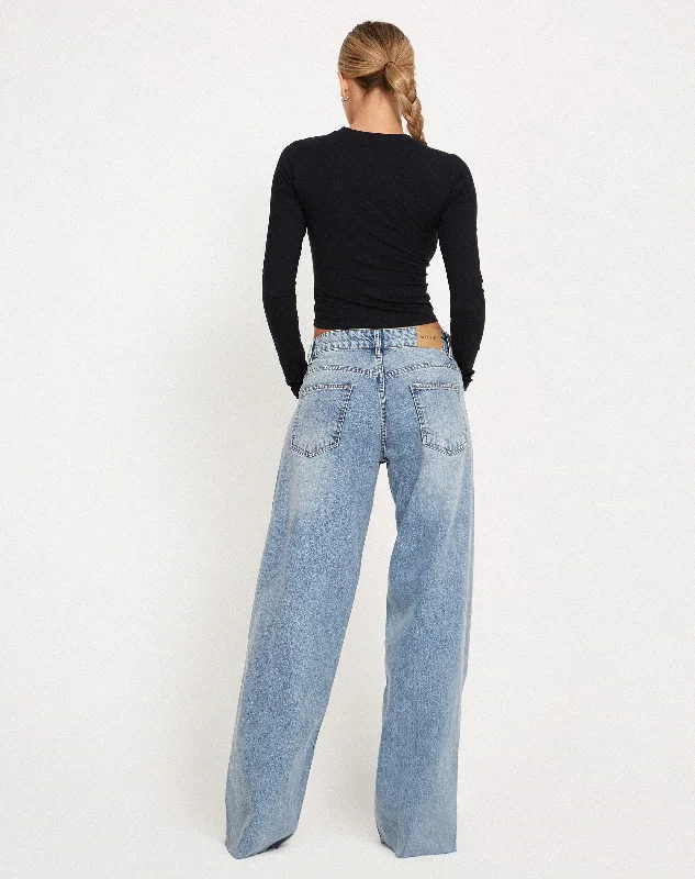 Roomy Extra Wide Raw Hem Low Rise Jeans in Vintage Blue Wash