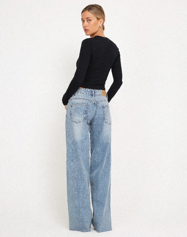 Roomy Extra Wide Raw Hem Low Rise Jeans in Vintage Blue Wash