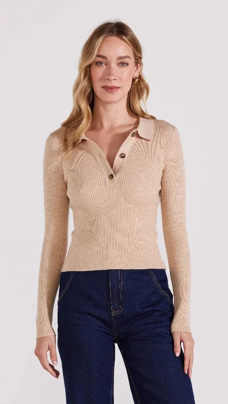 STAPLE THE LABEL ALTA COLLARED KNIT TOP BEIGE MARLE