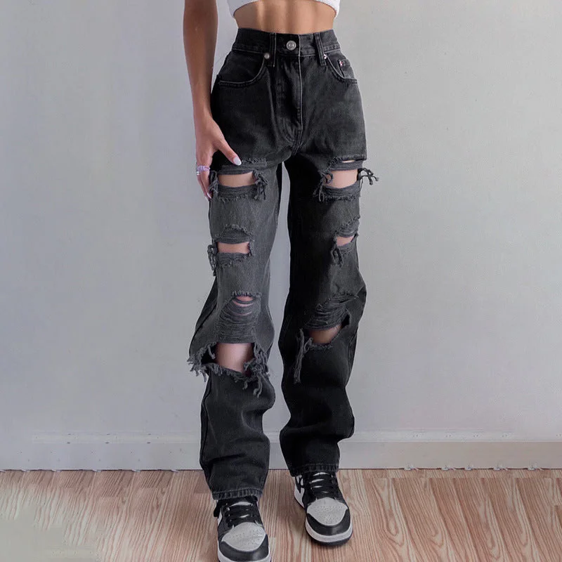 Women High Waist Ripped Jeans