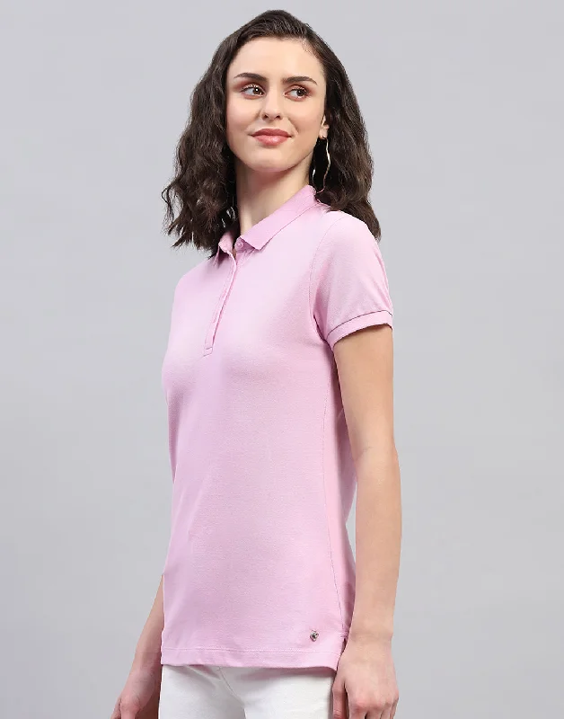 Women Purple Solid Collar Neck Half Sleeve T Shirt