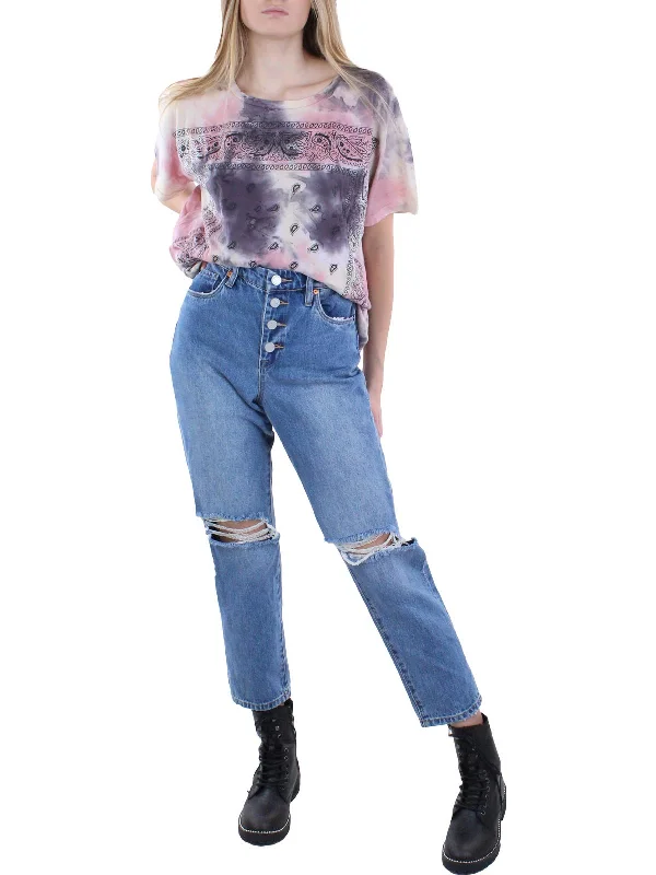 Womens Destroyed Button Fly Cropped Jeans