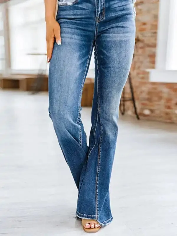 Women’s New Casual Fashion Slim High Waist Slightly Flared Denim Trousers