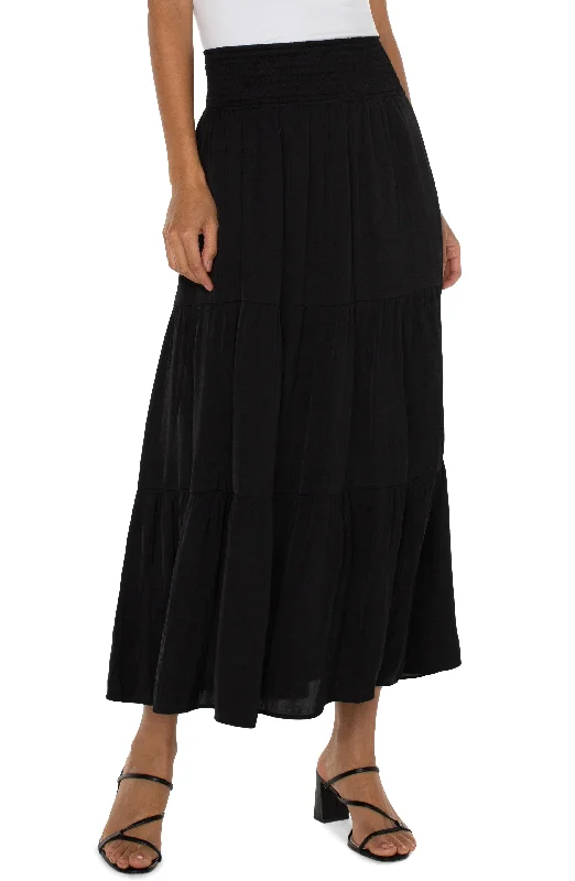 Liverpool Tiered Woven Maxi Skirt with Smocked Waist (Black)