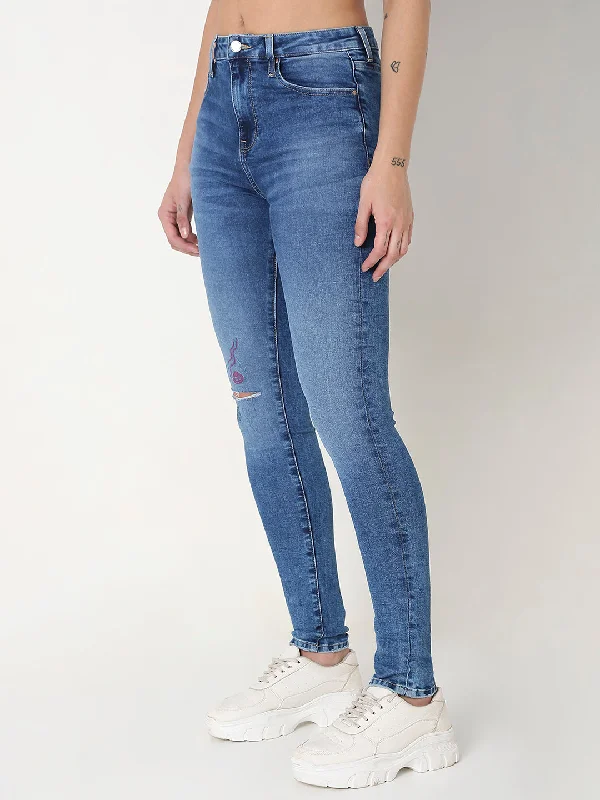 Spykar Blue Skinny Fit High-Rise Cotton Blend Jeans For Women