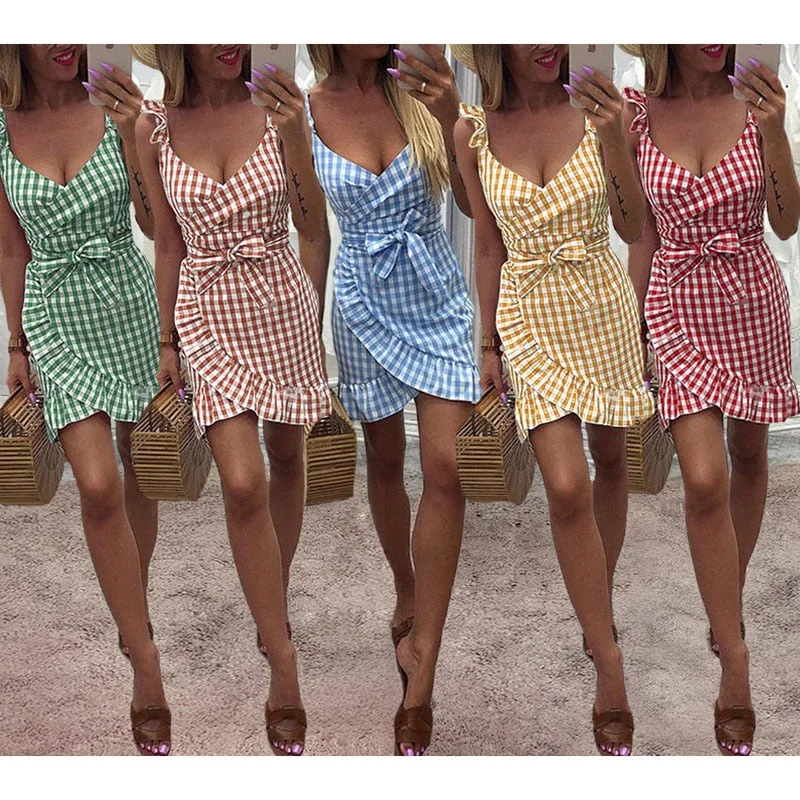 2019 New Summer Red Plaid Dress backless Vintage Beach Boho Streetwear Ruffles Spaghetti Strap Sexy Party Dress check Women Tunics Handmade artisanal
