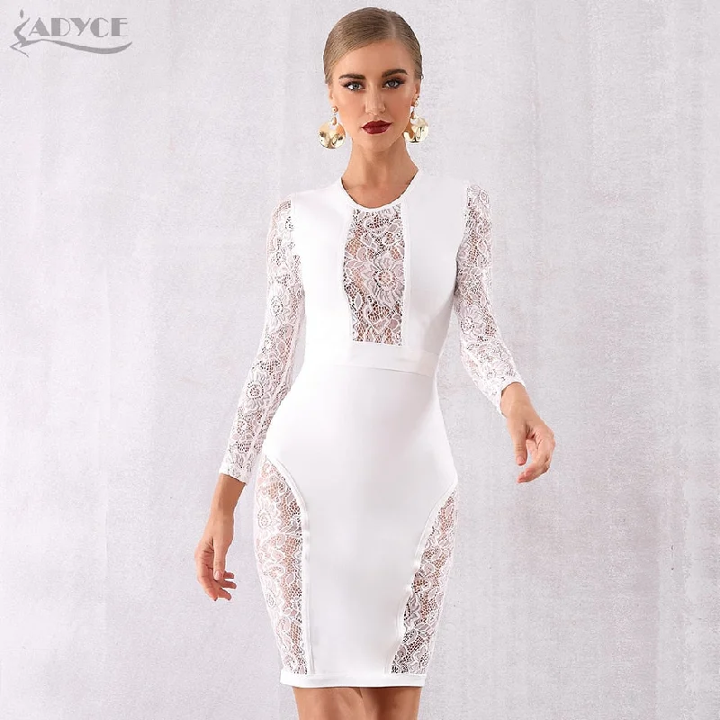 ADYCE Hot Sexy Hollow Out Long Sleeve Elegant White Lace Bandage Party Dress - H5772 Tunics Stylish elegant