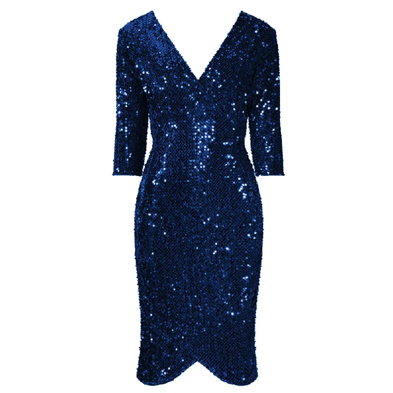 Navy Blue 3/4 Sleeve V Neck Velour Sequin Pencil Wiggle Party Dress Pleated Skirt Elegant Navy Blue 3/4 Sleeve V Neck Velour Sequin Pencil Wiggle Party Dress Pleated Skirt Elegant