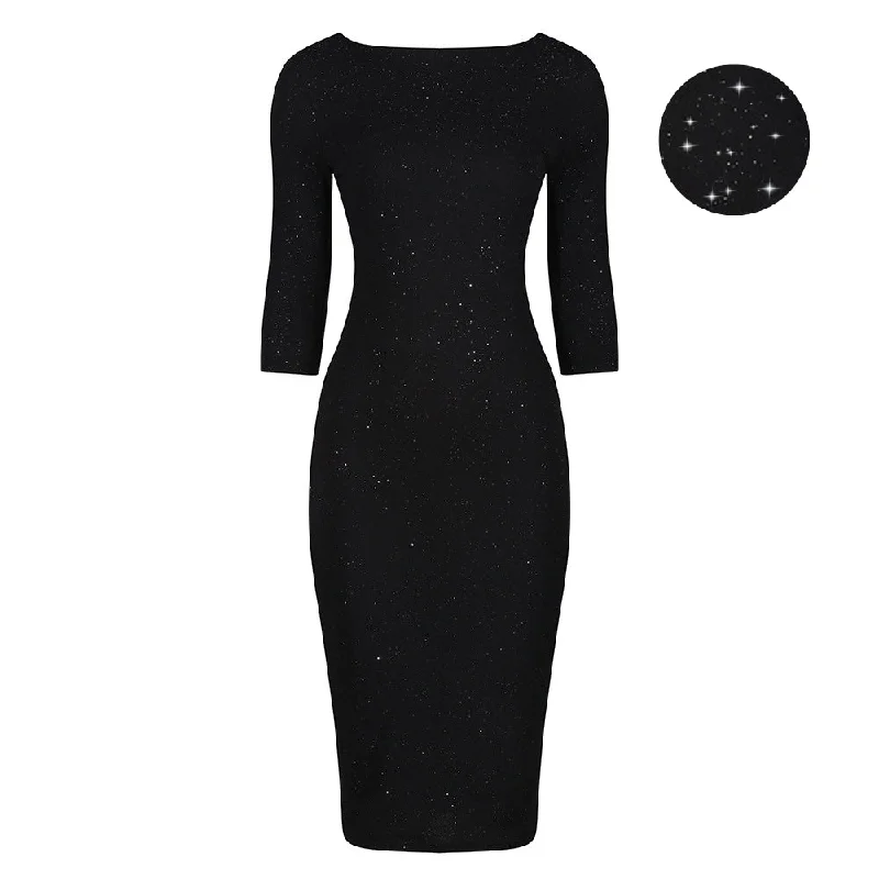 Black Silver Glitter 3/4 Sleeve Bodycon Velour Midi Party Dress Tunics Luxurious high-end Black Silver Glitter 3/4 Sleeve Bodycon Velour Midi Party Dress Tunics Luxurious high-end