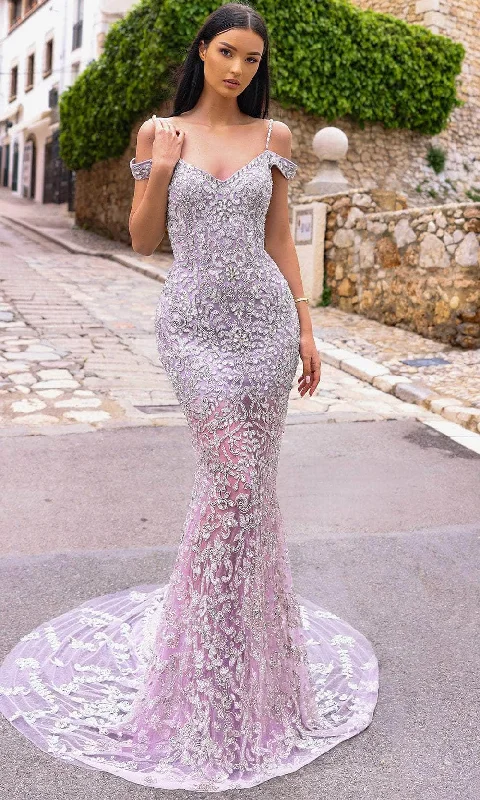 Chic and Holland HF110283 - Cold Shoulder Appliqued Evening Dress Cowl Neckline Elegant Chic and Holland HF110283 - Cold Shoulder Appliqued Evening Dress Cowl Neckline Elegant