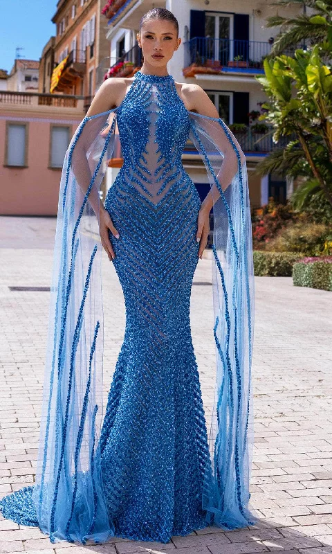 Chic and Holland HF110296 - Cold Shoulder Cape Sleeve Evening Dress Square Neckline Feminine Chic and Holland HF110296 - Cold Shoulder Cape Sleeve Evening Dress Square Neckline Feminine