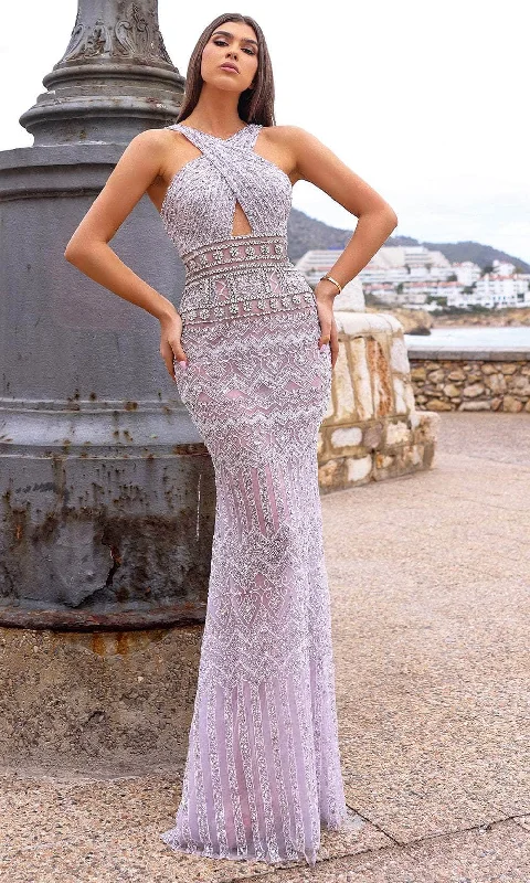 Chic and Holland HF110366 - Crisscross Halter Beaded Evening Dress Boatneck Modish Everyday Chic and Holland HF110366 - Crisscross Halter Beaded Evening Dress Boatneck Modish Everyday