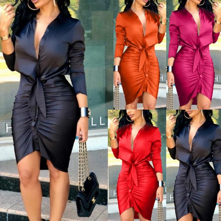 Women Lace-up Solid Color Long Sleeve Midi Dress Shirt Dress Elegant Fashion Party Dress Tunics Bridal satin