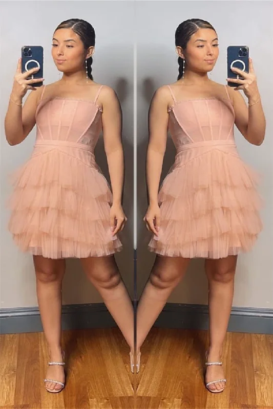 Cute Blush Pink Straps Tiered Tulle Short Party Dress Tunics Evening elegant