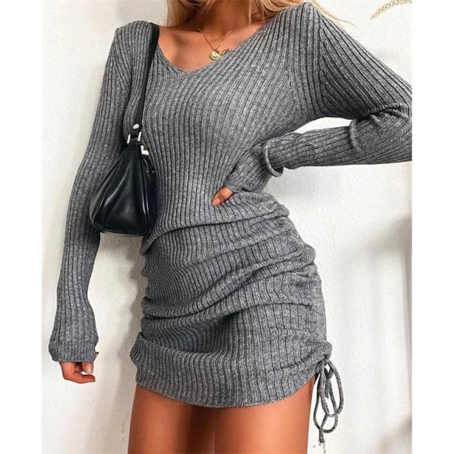 Elegant Fashion V-Neck Long Sleeve Bodycon Party Dresses Tunics Winter warm