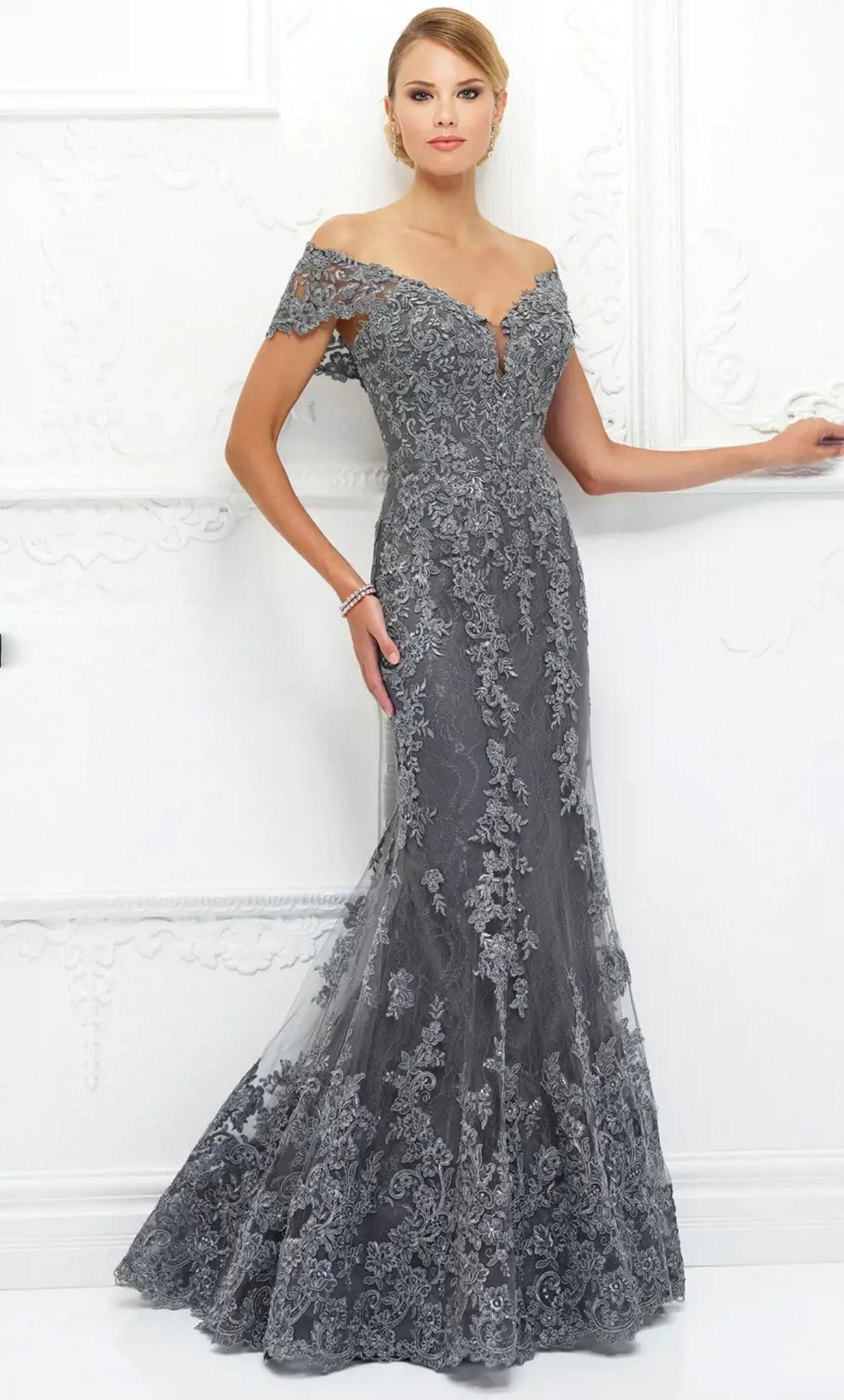Ivonne D 118D12W - Embroidered Off-Shoulder Evening Dress Tunics Chic elegant