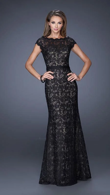 La Femme - 20503 Scalloped Fitted Lace Evening Dress - 1 pc Indigo in Size 6 Available Tunics Custom made