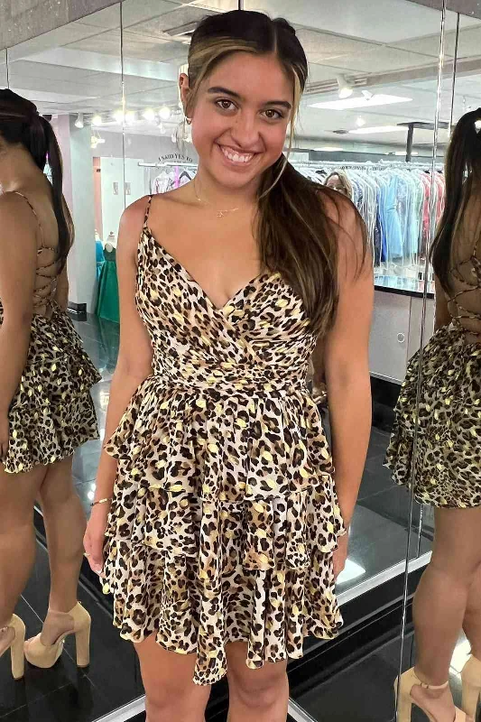 Lace-Back V-Neck Leopard Print A-Line Short Party Dress Tunics Formal black