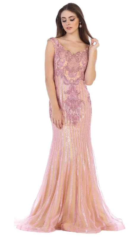 May Queen RQ7640 - Lace Appliqued V-Neck Evening Dress Tunics Hiking breathable