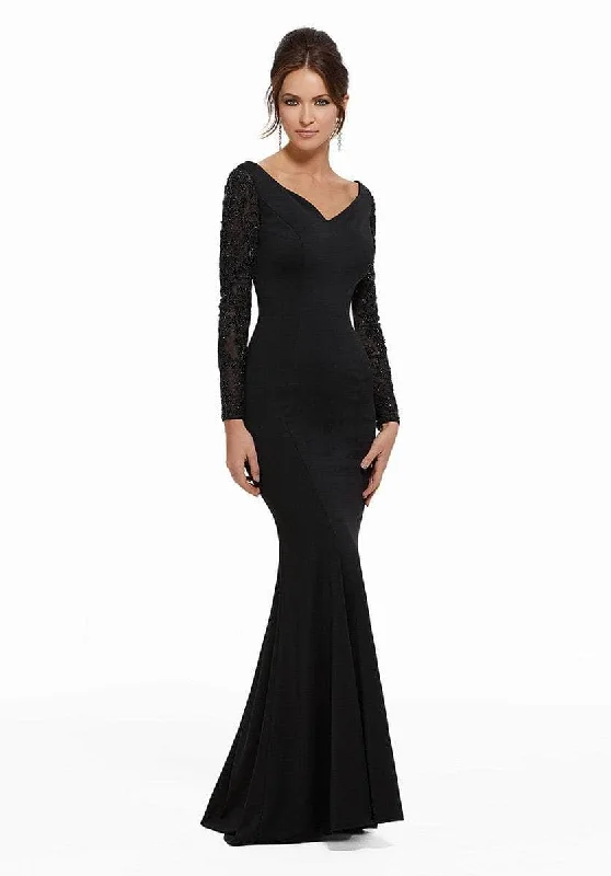 MGNY by Mori Lee 72006SC - Beaded Long Sleeve Evening Dress Crew Neckline Casual