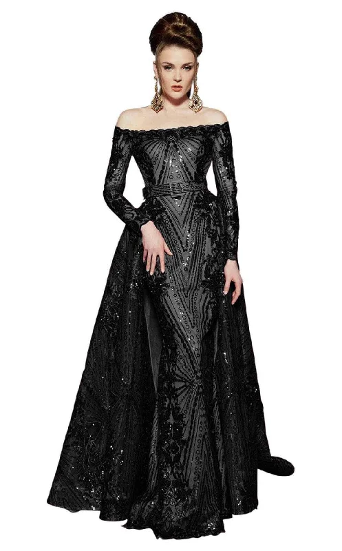 MNM Couture 2440 - Off Shoulder Sequin Evening Dress Crew Neckline Sporty