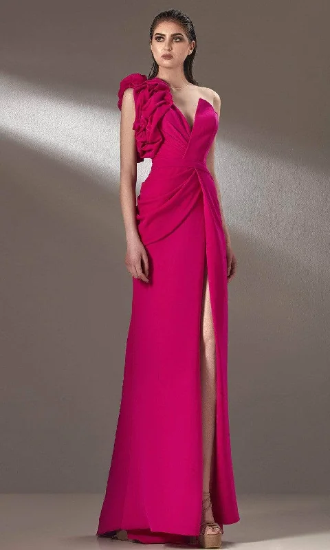 MNM Couture - K3904 One Puff Sleeve Ruched Detail Evening Dress Square Neckline Feminine
