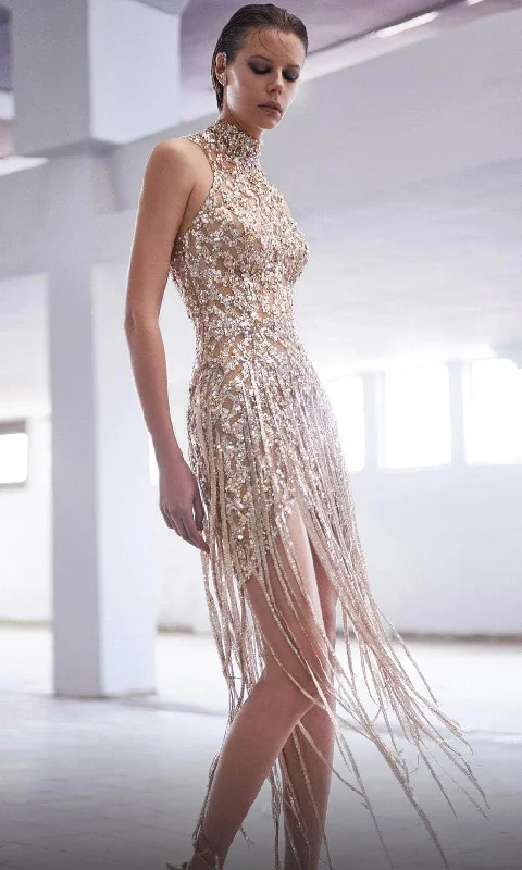 MNM Couture M1018 - High Halter Sequin Fringed Evening Dress Chiffon Maxi Beach