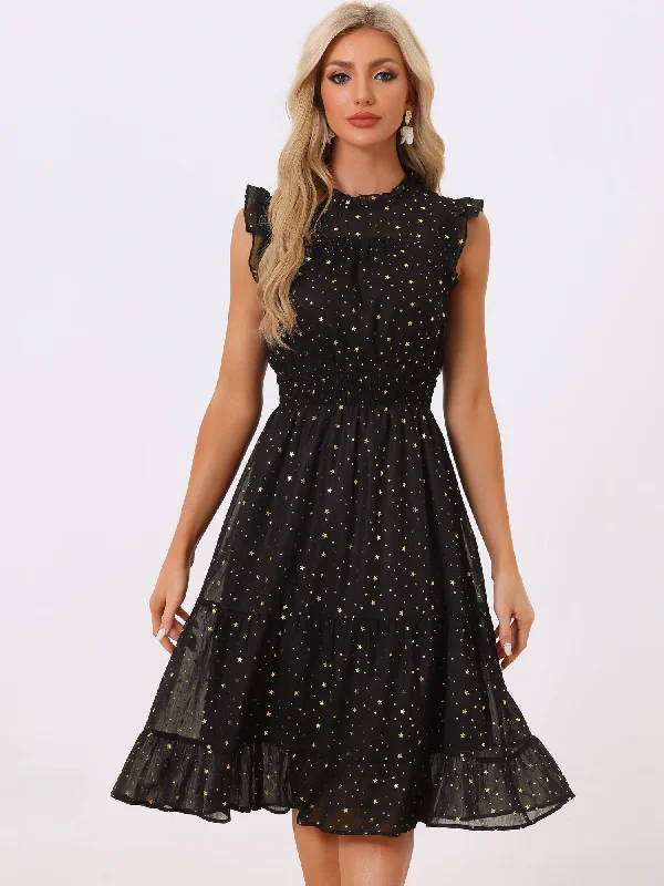 Chiffon Sleeveless Smocked Waist Gilding Metallic Stars Party Dress Tunics Evening elegant Chiffon Sleeveless Smocked Waist Gilding Metallic Stars Party Dress Tunics Evening elegant