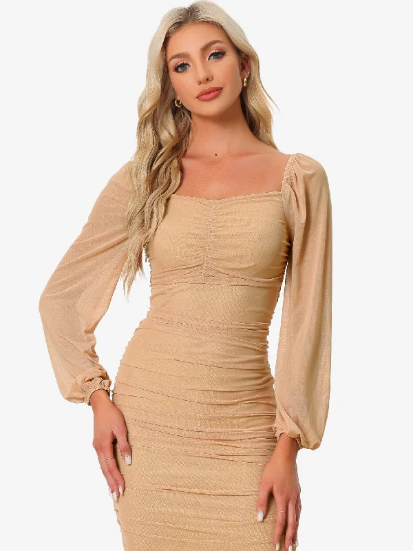 Bodycon Long Puff Sleeve Mini Mesh Ruched Solid Lace Up Party Dress Tunics Yoga stretchy Bodycon Long Puff Sleeve Mini Mesh Ruched Solid Lace Up Party Dress Tunics Yoga stretchy