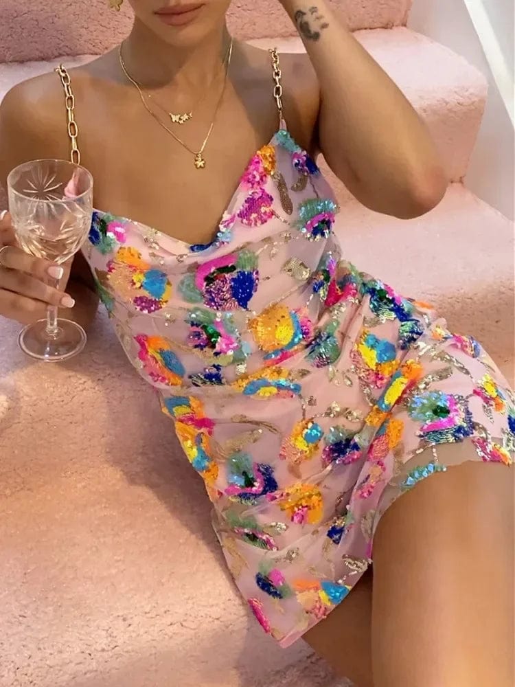 Sequin Sexy Elegant Dress Women Chain Spaghetti Strap Low Cut Backless Short Dress Summer Bohemian Party Dresses Female Tunics Versatile functional
