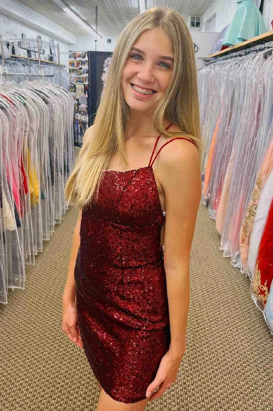 Spaghetti Straps Burgundy Sequin Short Party Dress Tunics Occasion special