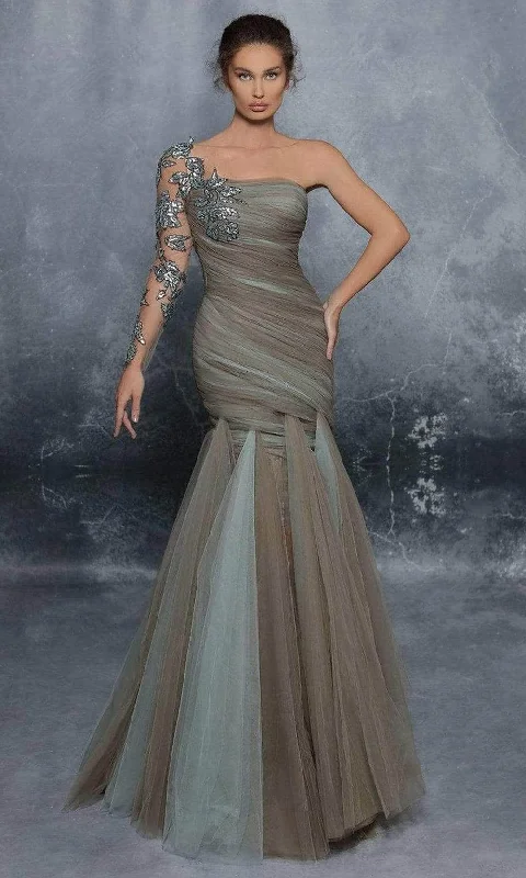 Tarik Ediz - 96008 Ruched Detailed One-Sleeve Evening Dress Tunics Top Casual