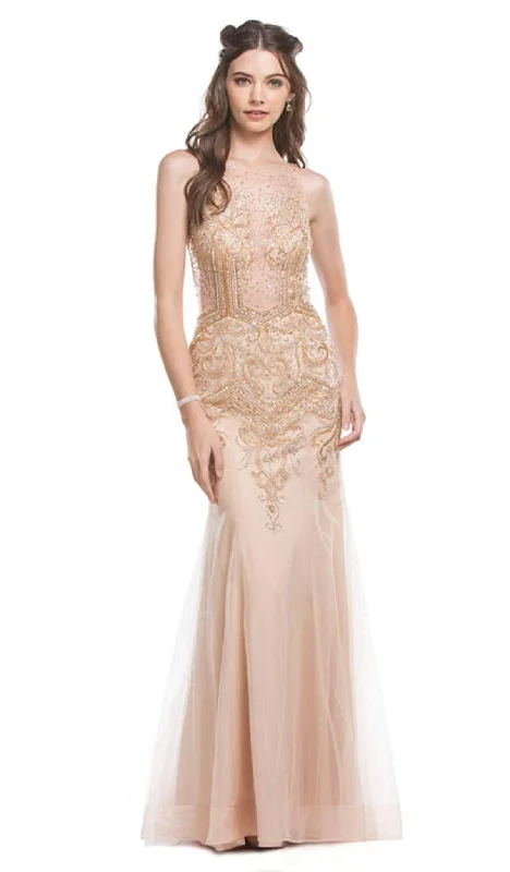 Trevi Collection - Bedazzled Illusion Bateau Sheath Evening Dress Glittery Long Formal Trevi Collection - Bedazzled Illusion Bateau Sheath Evening Dress Glittery Long Formal