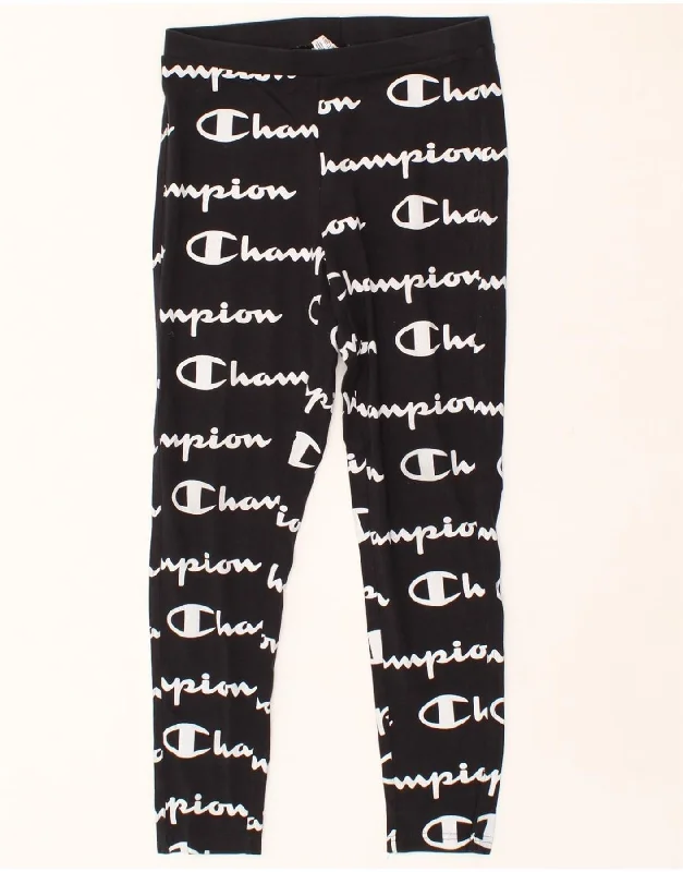 CHAMPION Womens Graphic Leggings UK 14 Medium  Black Cotton Cozy Warmth Leggings