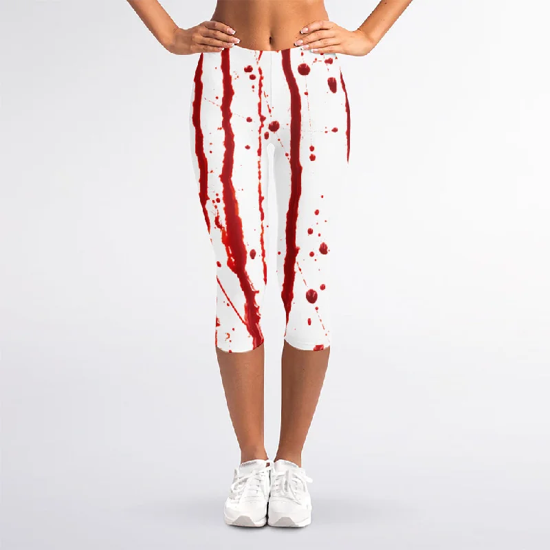 Flowing Red Blood Print Women's Capri Leggings Trendy Mesh Leggings