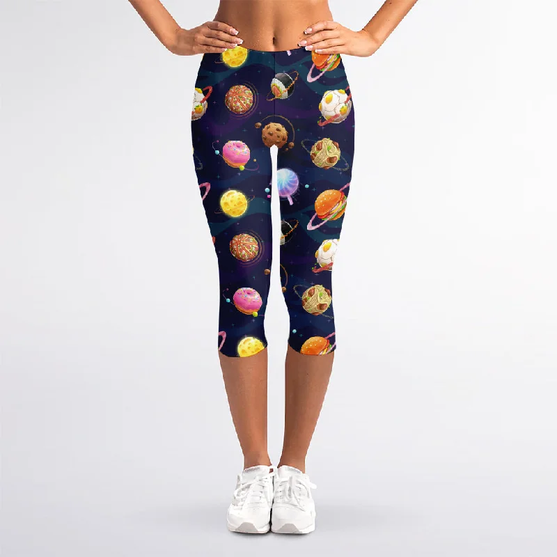 Food Planets Pattern Print Women's Capri Leggings Cozy Ribbed Leggings