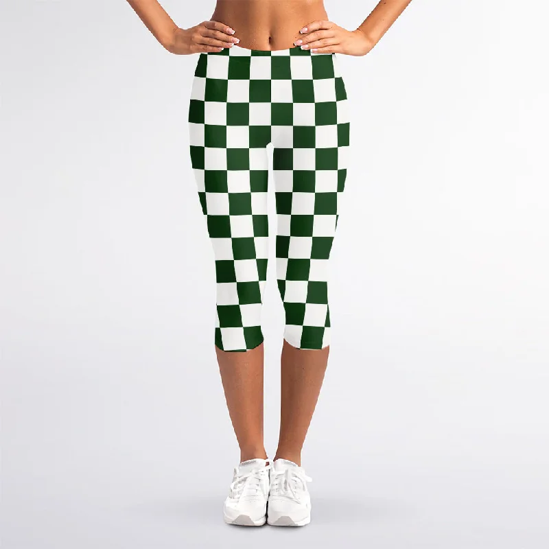 Forest Green And White Checkered Print Women's Capri Leggings Classic Solid Color Leggings Forest Green And White Checkered Print Women's Capri Leggings Classic Solid Color Leggings