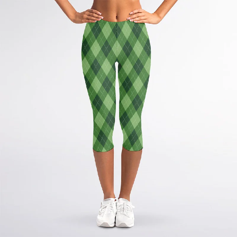 Forest Green Argyle Pattern Print Women's Capri Leggings Elegant Velvet Leggings