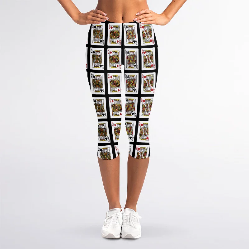 Four Kings Playing Cards Pattern Print Women's Capri Leggings Comfortable Ribbed Sports Leggings