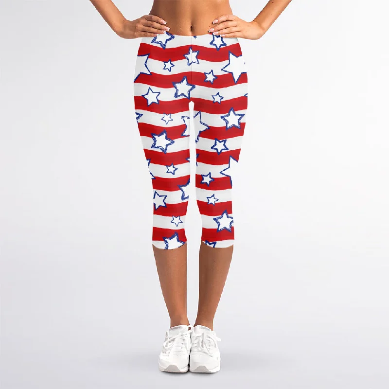 Fourth of July USA Star Pattern Print Women's Capri Leggings Cozy Mid-Rise Workout Leggings Fourth of July USA Star Pattern Print Women's Capri Leggings Cozy Mid-Rise Workout Leggings