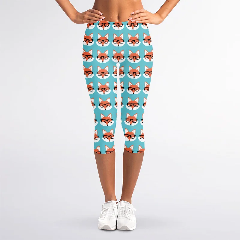 Fox With Glasses Pattern Print Women's Capri Leggings Trendy Minimalist Leggings