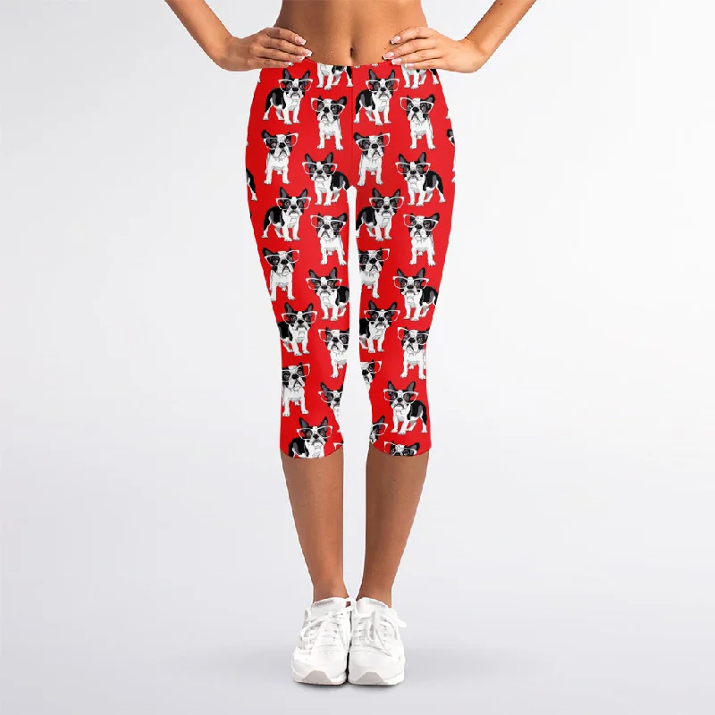 French Bulldog With Glasses Print Women's Capri Leggings Trendy Faux Suede Leggings